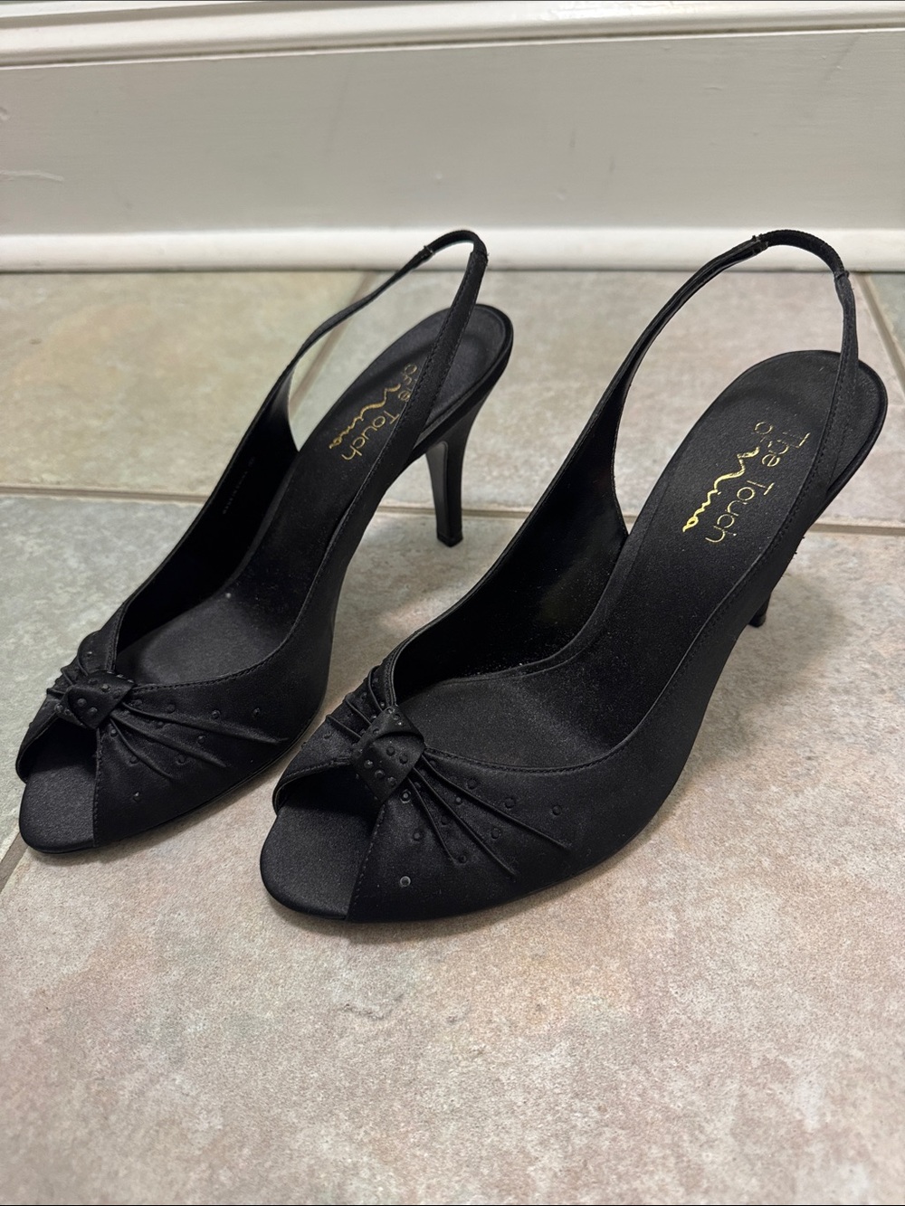 Nina Black Satin Peep-Toe Slingback Heels size 10
